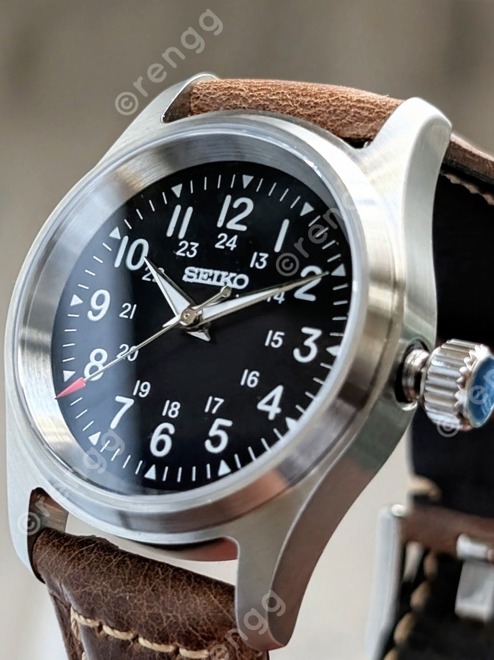 Seiko TMI VH31 Field-Style Black Dial Watch with Brown Leather Strap Sapphire